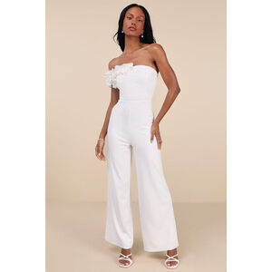 Lulus Damara White Floral Applique One-shoulder Jumpsuit - Size XS